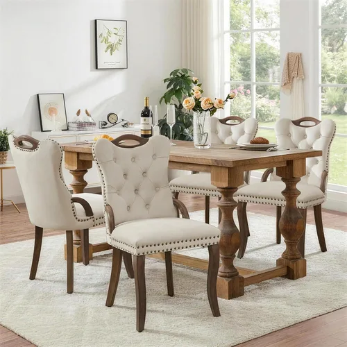 Vista 132 de SoarFlash Juego de 2 sillas de comedor de terciopelo, silla lateral de respaldo alto, silla lateral moderna tapizada de alta gama con botones Beige