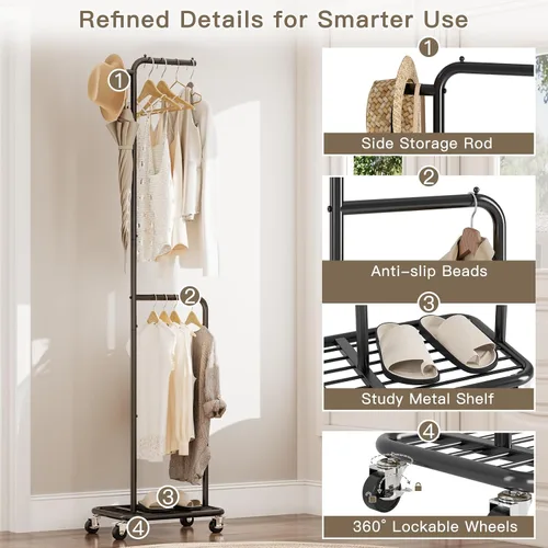 Vista 4 de Perchero pequeño con ruedas, perchero portátil de 71 pulgadas con estante inferior de metal, perchero con barra para colgar, perchero resistente