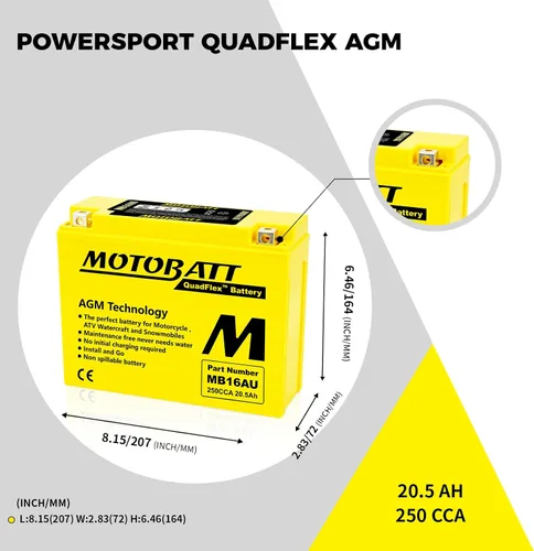 Vista 4 de MotoBatt Batería AGM QuadFlex activada por fábrica MB16AU (12V 20.5 Amp) 230CCA