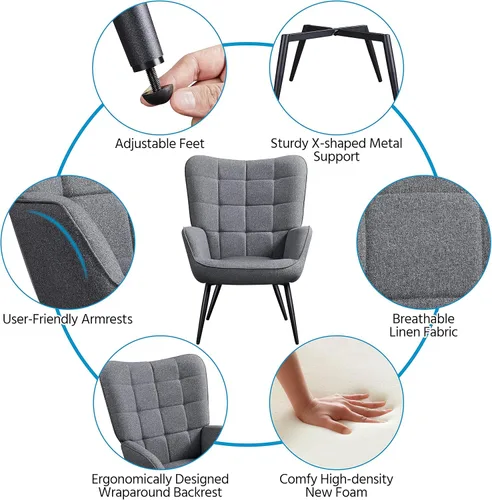 Vista 5 de Yaheetech Juego de 2 sillas decorativas con otomana, moderno sillón y reposapiés con respaldo alto y patas de metal, silla de salón y otomana