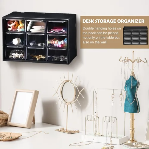 Vista 7 de Rtteri Mini organizador de cajones de plástico de 9 piezas, caja de almacenamiento de escritorio, organizador de manualidades con 9 cajones Negro