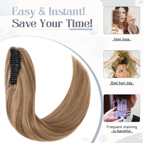 Vista 79 de Rich Choices Extensión de cola de caballo con clip de garra, cabello humano real, una pieza, extensiones de cabello largo Remy para mujer, #18P613