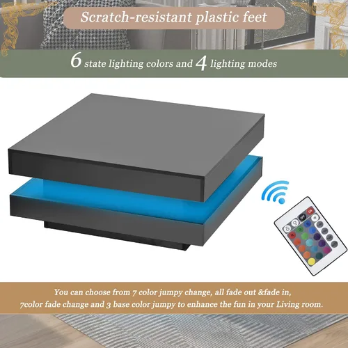 Vista 4 de Mesa auxiliar LED moderna de alto brillo con luces LED de 16 colores, mesa de centro cuadrada de 2 niveles, mesa central para sala de estar (negro)