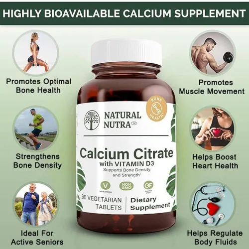 Vista 3 de Natural Nutra Citrato de calcio con vitamina D3, suplemento para la fuerza ósea, promueve los movimientos musculares, aumenta la salud del corazón