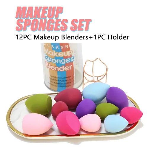 Vista 2 de Juego de esponjas de maquillaje, 12 piezas y soporte para esponja de base de belleza, 1 unidad, esponjas de mezcla, esponja cosmética impecable