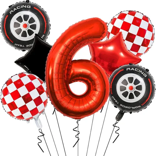 Vista 12 de Globos de auto de carreras para decoración de cumpleaños – Globos rojos de Mylar número 1 de 40 pulgadas – Globos rojos de aluminio rojo