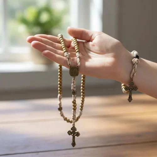 Vista 3 de Nazareth Store - Juego de Rosarios de Paracord con Cuentas de Aleación, Collar de Rosario Rugoso y Rosario de Una Década Fuerte y Pesado con Cordón