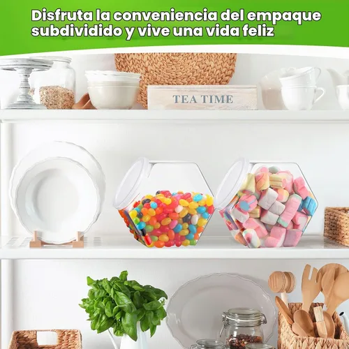 Vista 6 de Hoolerry Juego de 12 tarros de plástico para dulces con cucharas que incluye 6 tarros hexagonales para galletas con tapa para bufé de dulces y 6