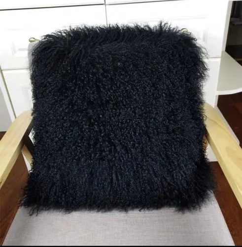 Vista 7 de Funda de cojín/funda de almohada de piel de cordero mongol 100% real (20 x 20 pulgadas, negro)