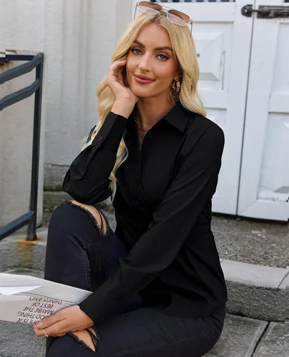 Vista 7 de siliteelon Camisas con botones para mujer, cintura ceñida, camisa de vestir de algodón de manga larga para negocios, casual, trabajo, oficina