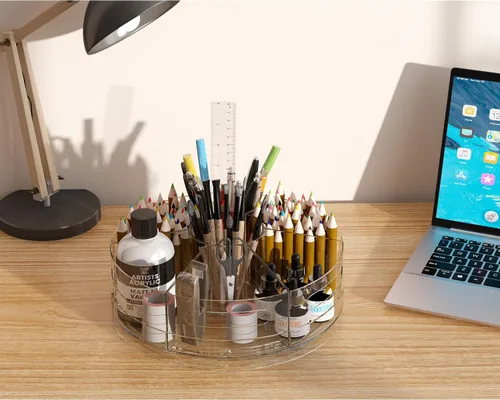 Vista 2 de CraftGenes Organizador de bolígrafos para escritorio, soporte acrílico para bolígrafos con agarres de mano, organizador de escritorio giratorio