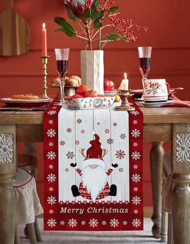 Vista 2 de Camino de mesa de lino y algodón de Feliz Navidad, gnomo, copo de nieve, camino de mesa de madera para mesa de comedor, decoración de cocina