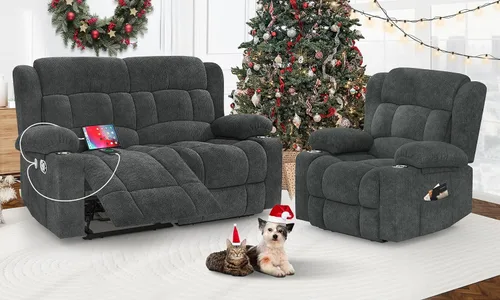 Vista 15 de Juego de sofá reclinable loveseat con 2+1 piezas, 2 plazas estilo minimalista reclinable manual con tirador, loveseat con puertos de carga USB