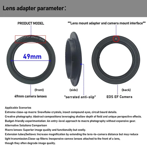Vista 2 de Anillo inverso de lente macro de 1.929 in compatible con Canon EF-S 90D 80D 70D 60Da 60D 50D 40D 30D T6 T7 T5 SL3 SL2 T8i T7i T6i T6s T5i con lente