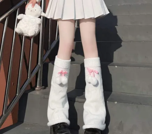 Vista 2 de Funipunk Calentadores de piernas de invierno Kawaii de punto lindo subcultura media manga pie pierna calcetines calientes mujeres JK unform y2k