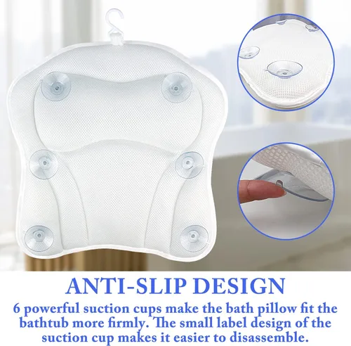 Vista 4 de Almohada de baño para bañera cómoda almohada de baño, almohadas de baño ergonómicas para soporte de cuello y espalda con 6 ventosas, diseño de malla