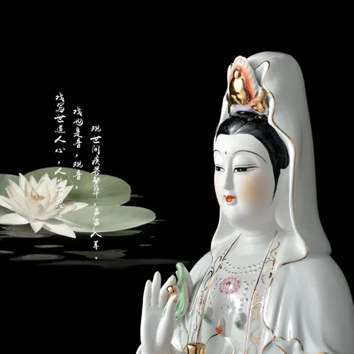 Vista 2 de Estatua de Guan Yin en Lotus – Estatua budista Avalokiteshvara Kuanyin – Regalo de Feng Shui (10 pulgadas)