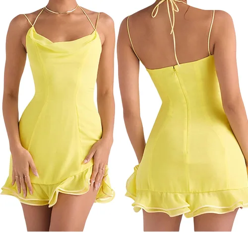 Vista 4 de Vestido corto de verano Y2k para mujer, sin mangas, sexy, halter, tirantes delgados, vestido ajustado de malla de encaje para fiesta, club