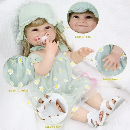 Vista 5 de Muñecas realistas de bebé Reborn Girl de 22 pulgadas, muñeca de bebé recién nacida de cuerpo completo de silicona realista, con accesorios, juguete
