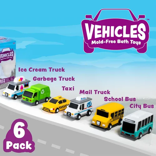 Vista 3 de Tub Works® Vehicles™ Coches de Baño Libres de Moho, Paquete de 6 Sellados, Diseño de Juguetes de Baño Sin Agujeros que Mantiene la Humedad Afuera