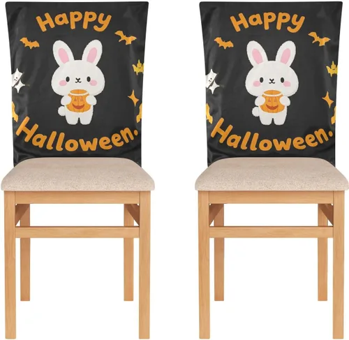 Vista 2 de Juego de 6 fundas decorativas para sillas de comedor con diseño de conejo de dibujos animados de Feliz Halloween, para reuniones familiares, fundas
