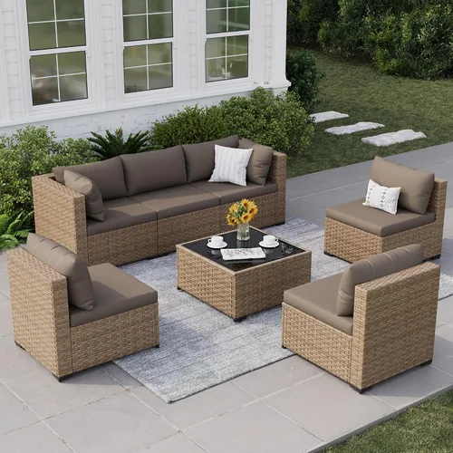 Vista 8 de Juego de muebles de patio, sofá seccional de mimbre para exteriores Beige/Negro