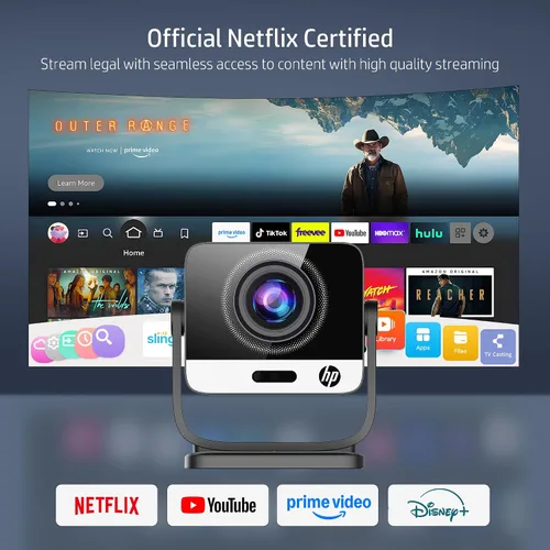Vista 4 de HP Proyector FHD portátil MC475, aplicación oficial de Netflix, WiFi, Bluetooth, lente de corto alcance, soporte 4K, enfoque automático y Keystone