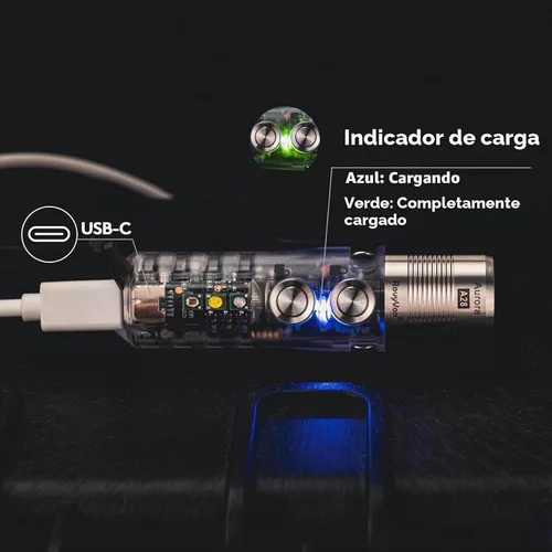 Vista 8 de RovyVon Aurora A28 2ª linterna EDC USB-C, 6500K blanco frío máximo 1000 lúmenes, linterna pequeña recargable de 850 mAh, con luces laterales