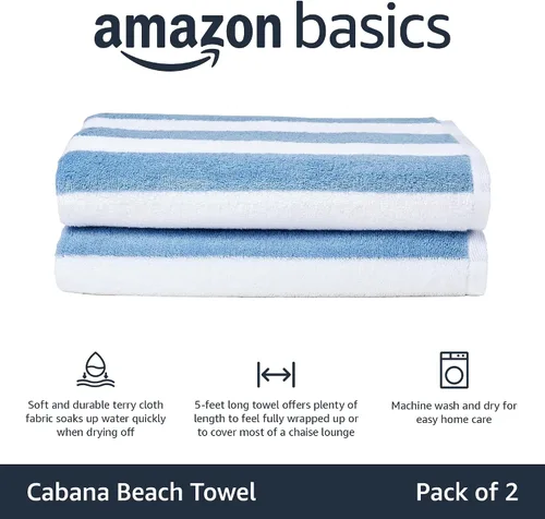 Vista 2 de Amazon Basics Toallas de playa a rayas, suaves y absorbentes, 100% algodón hilado en anillo, lavables a máquina, de secado rápido, certificado Azul