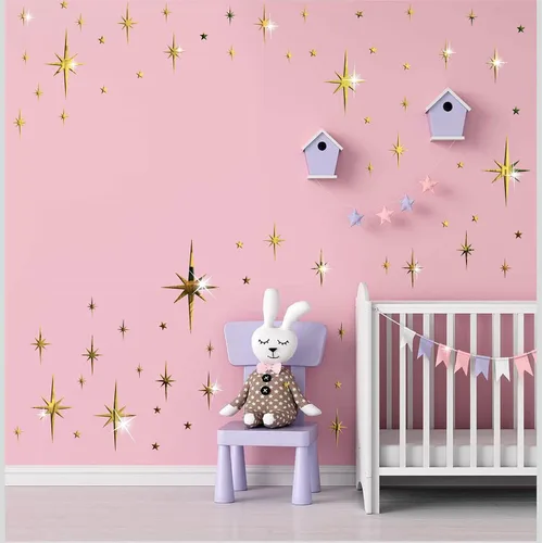 Vista 9 de Pegatinas de pared de espejo con estrella dorada, calcomanías acrílicas 3D removibles con estrellas adhesivas, espejo de estrella en explosión