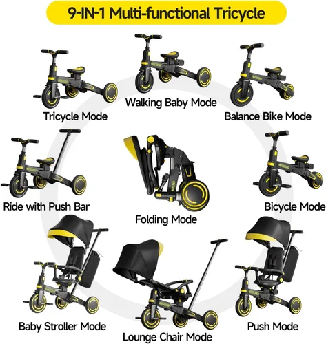 Vista 3 de WinHope Triciclo de empuje 9 en 1 para niños pequeños de 1 a 3 años, triciclo convertible para niños con asa de empuje y cinturón de seguridad