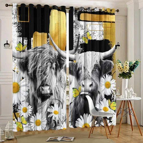 Vista 5 de Cortinas opacas con ojales de arte abstracto y moderno para dormitorio, diseño de grafiti de acuarela, margaritas geométricas, yak, mariposas