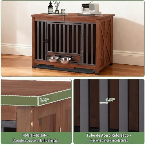 Vista 3 de Muebles de jaula para perros de 33.3 pulgadas, jaulas plegables para perros con cuencos giratorios de 360°, jaula de madera para cachorros con marco