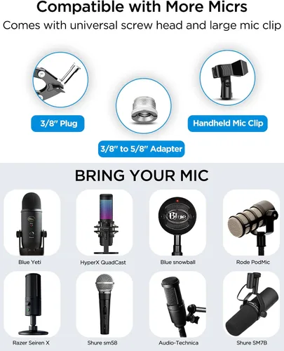 Vista 6 de Bietrun Soporte de escritorio con brazo de micrófono con soporte de choque y filtro pop para Blue Yeti/Snowball/Hyperx Quadcast/Shure MV7/SM7B/RODE