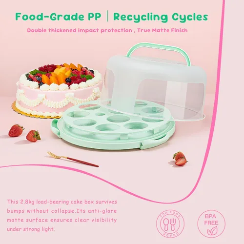 Vista 4 de Porta pasteles con tapa y asa, soporte para pasteles sin BPA con tapa para portador de pasteles redondo de 10 pulgadas con 10 tableros redondos