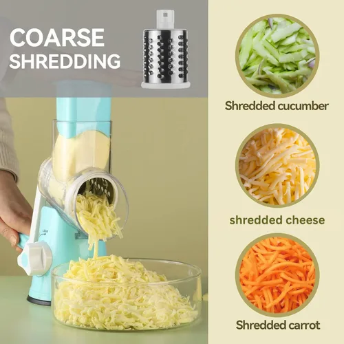 Vista 7 de Rallador rotativo de queso, rallador de cocina con 3 cuchillas de tambor, cortador manual de verduras y trituradora para verduras y nueces - Base