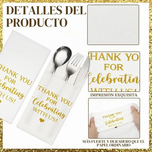 Vista 3 de Fuutreo - 100 servilletas de boda con bolsillo de lino desechables, color Papel absorbente Airlaid, impresión de agradecimiento, para decoración