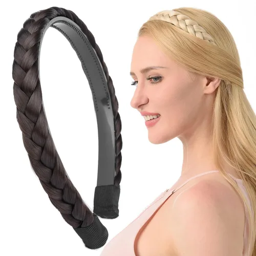 Vista 25 de Ancho de 1.5 cm Banda de pelo sintético trenzada estrecha con dientes para mujeres y niñas (Negro)