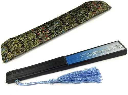 Vista 3 de Wrapables® Ventilador plegable de mano de seda con borla y funda protectora, flores de cerezo azul