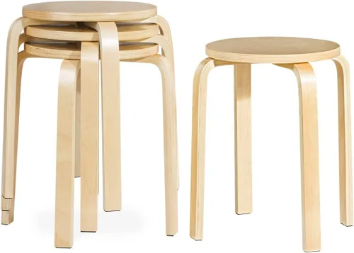 Vista 12 de COSTWAY Juego de 4 taburetes apilables de madera curvada, sillas de mostrador sin respaldo de 18 pulgadas de altura con parte superior redonda