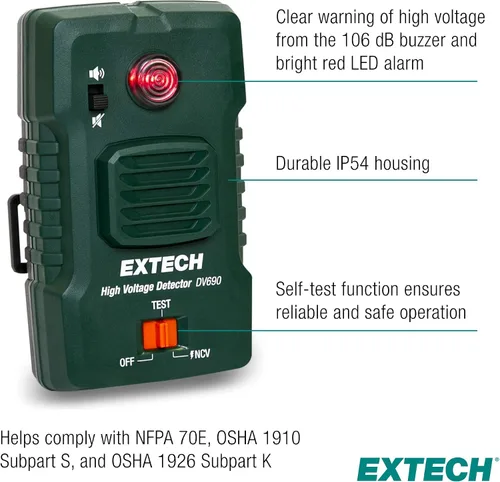 Vista 3 de Extech DV690 Detector de alto voltaje sin contacto, hasta 69 kV 100V-69kV CA, alarma de 106dB, LED rojo, 5 opciones de montaje, IP54, prueba