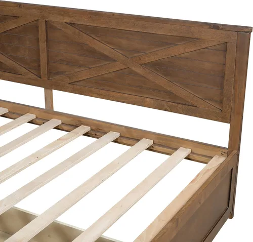 Vista 7 de Sofá cama de madera de tamaño individual con nido y cabecera en forma de L, marco de madera para sofá cama con barandilla rústica y soporte