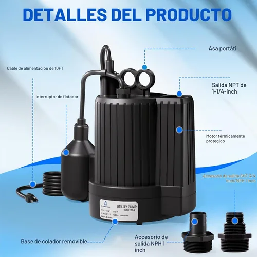 Vista 8 de D-HONOR Bomba de sumidero, bomba de agua sumergible 1/3 HP 1600 GPH con interruptor de flotador