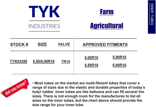 Vista 4 de Dos tubos interiores TYK 5.00-16, 5.50-16 para neumáticos de implementos de tractor agrícola con vástago de válvula TR15
