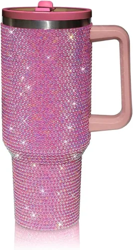 Vista 16 de Vaso de 40 onzas con tachuelas de strass con mango, popote y tapa, botella de agua de acero inoxidable aislada de doble capa para mujeres, taza