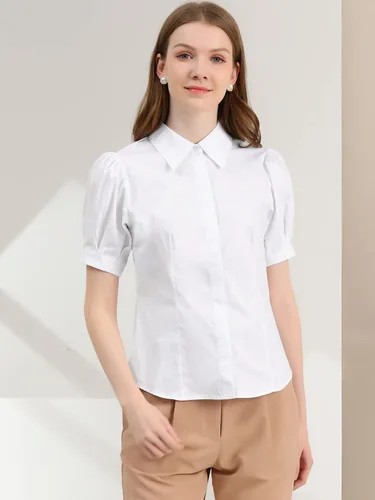 Vista 4 de Allegra K Camisa de manga corta con botones para mujer, con cuello y manga corta