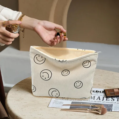 Vista 7 de Bolsa de maquillaje de pana, bolsa cosmestic de gran capacidad para mujeres y mujeres, organizador de maquillaje estético, accesorios con cremallera