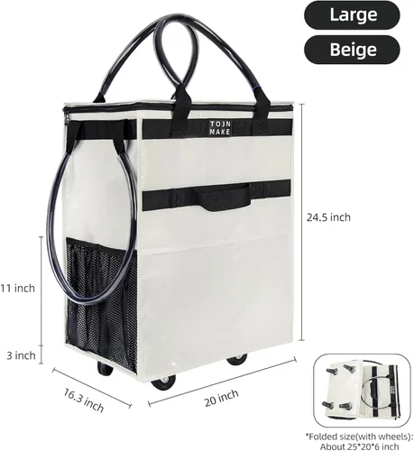 Vista 2 de Bolsa de comestibles reutilizable sobre ruedas, carrito de compras con 8 bolsillos y cubierta con cremallera, bolsa plegable con ruedas, asas