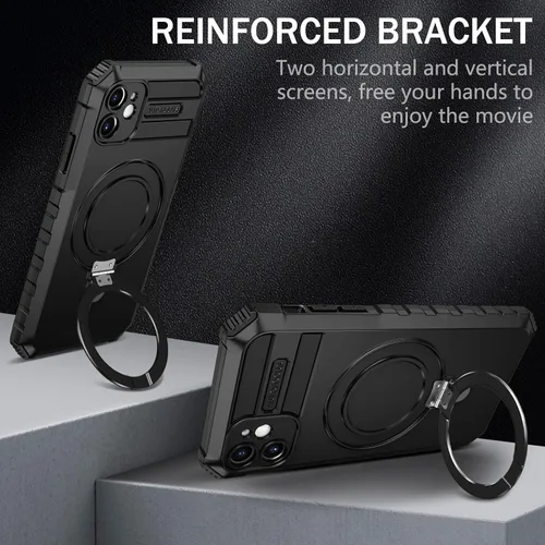 Vista 5 de Funda magnética para iPhone 11 [compatible con MagSafe] con 2 protectores de pantalla de vidrio templado con soporte de anillo, grado militar