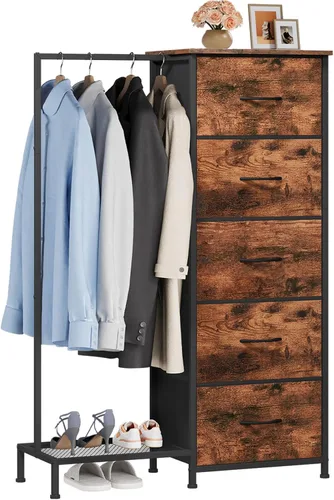 Vista 11 de Somdot - Cómoda con estante para colgar, 5 cajones, cómoda pequeña para dormitorio, cómoda reversible con estante para ropa, cómodas para niños